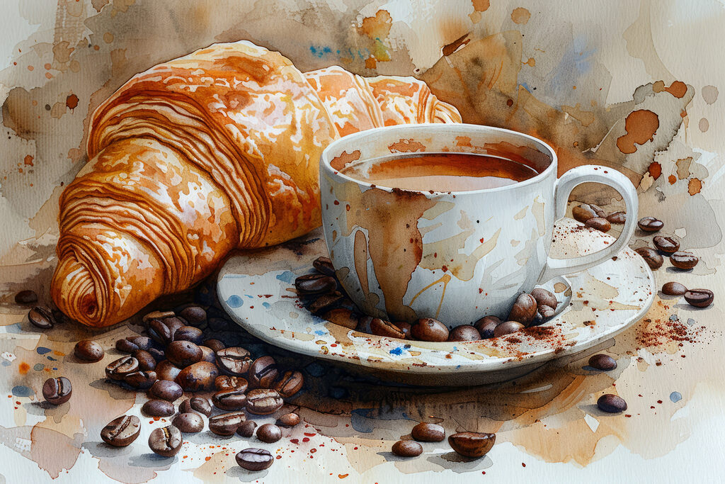 Watercolor of a cup of coffee and a croissant Watercolor of a cup of coffee and a croissant