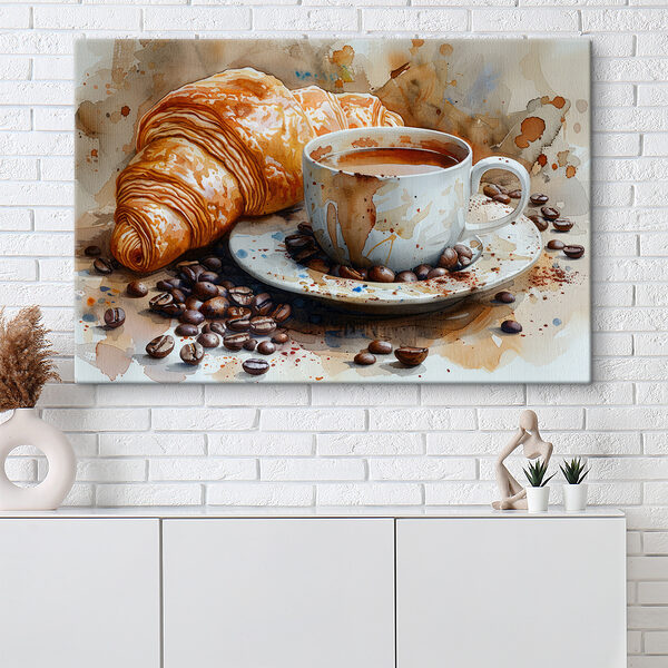 Quadri Quadri Acquerello raffigurante una tazza di caffè e un croissant (COD: s40782)