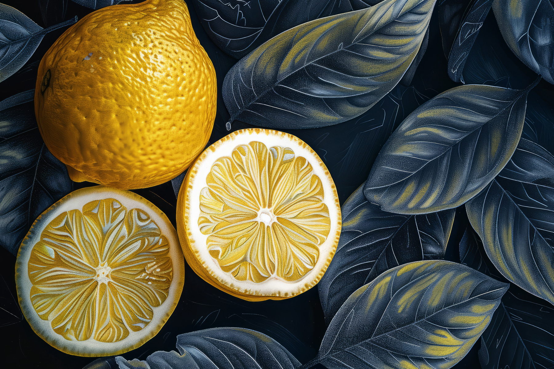 Lemon cut in half with leaves on it Lemon cut in half with leaves on it