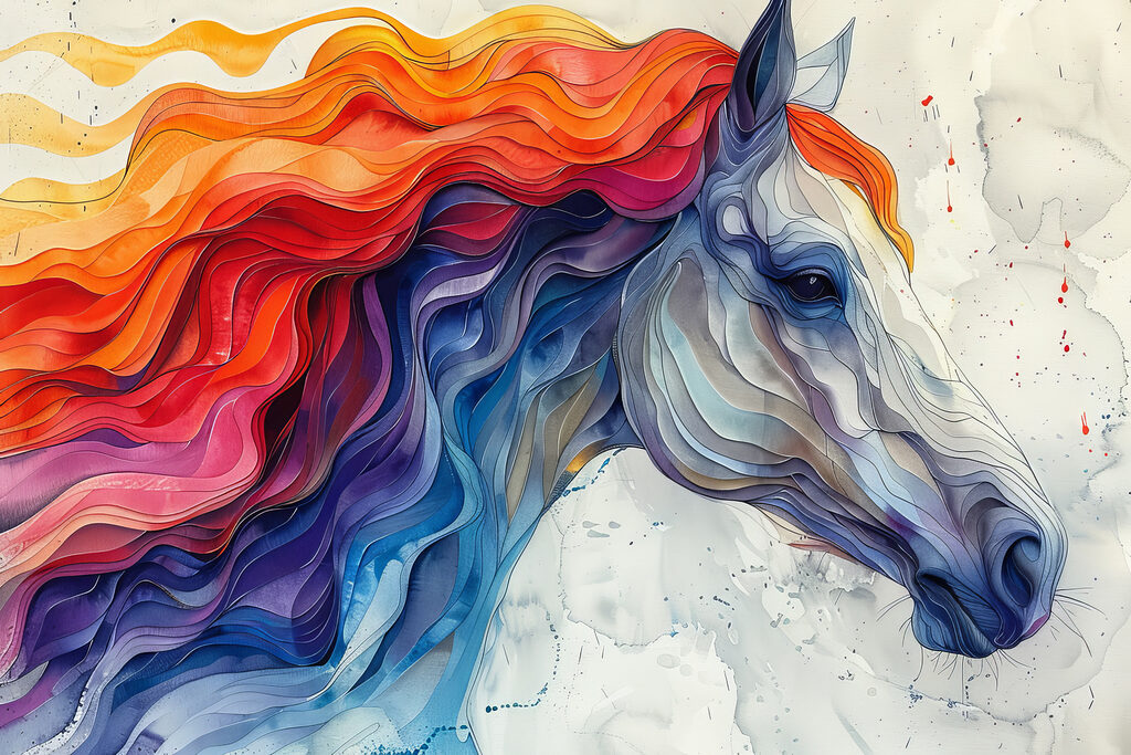 Painting of a horse with colorful hair Painting of a horse with colorful hair