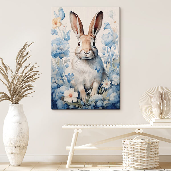 Painting of a rabbit surrounded by flowers