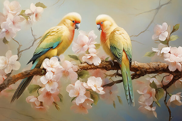 Two birds on a branch with flowers