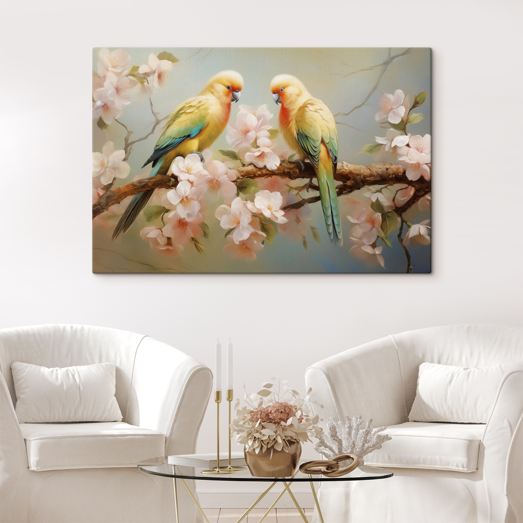 Two birds on a branch with flowers