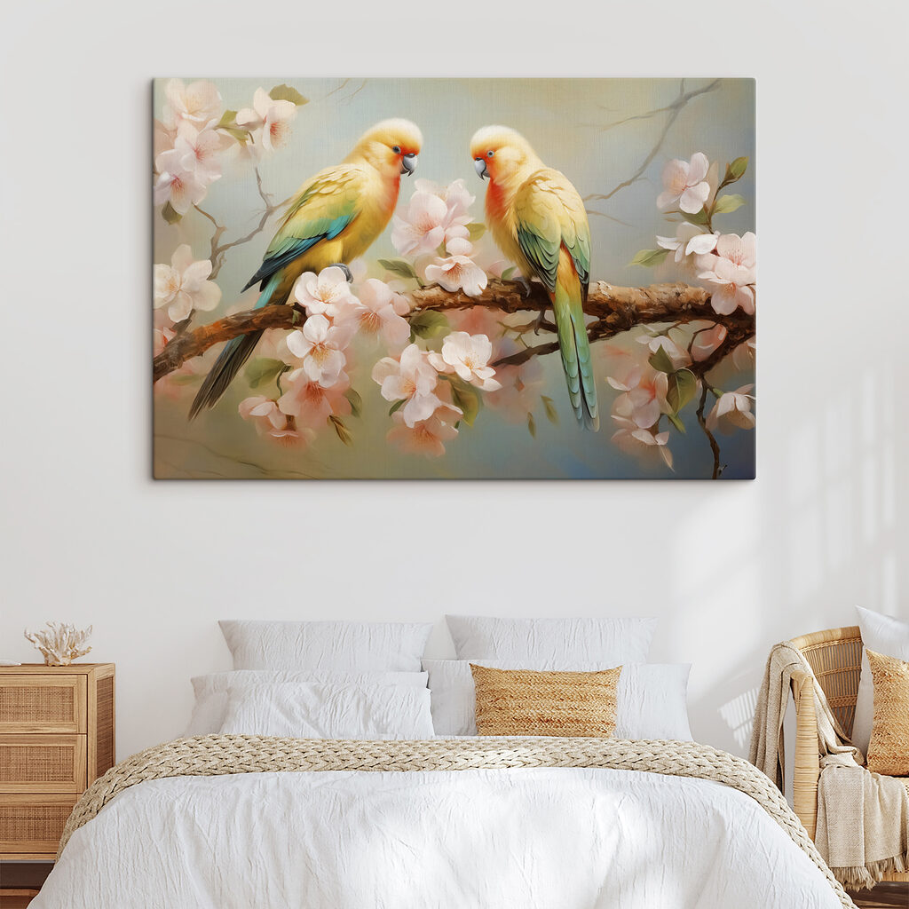 Two birds on a branch with flowers
