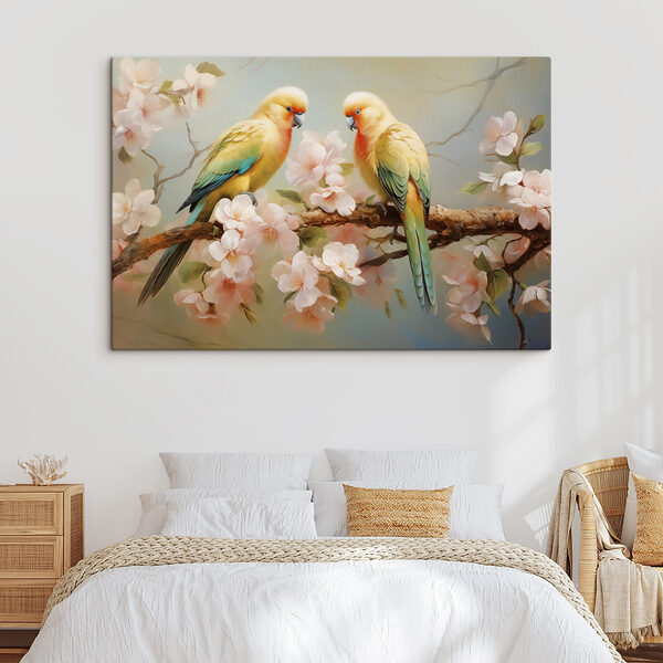 Two birds on a branch with flowers