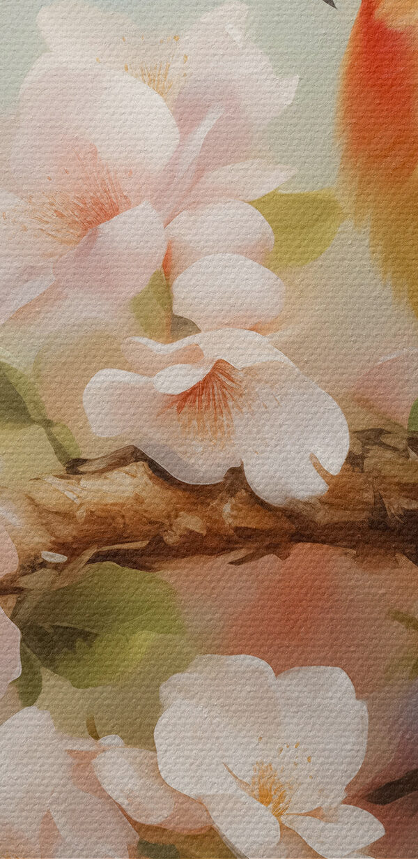 Two birds on a branch with flowers