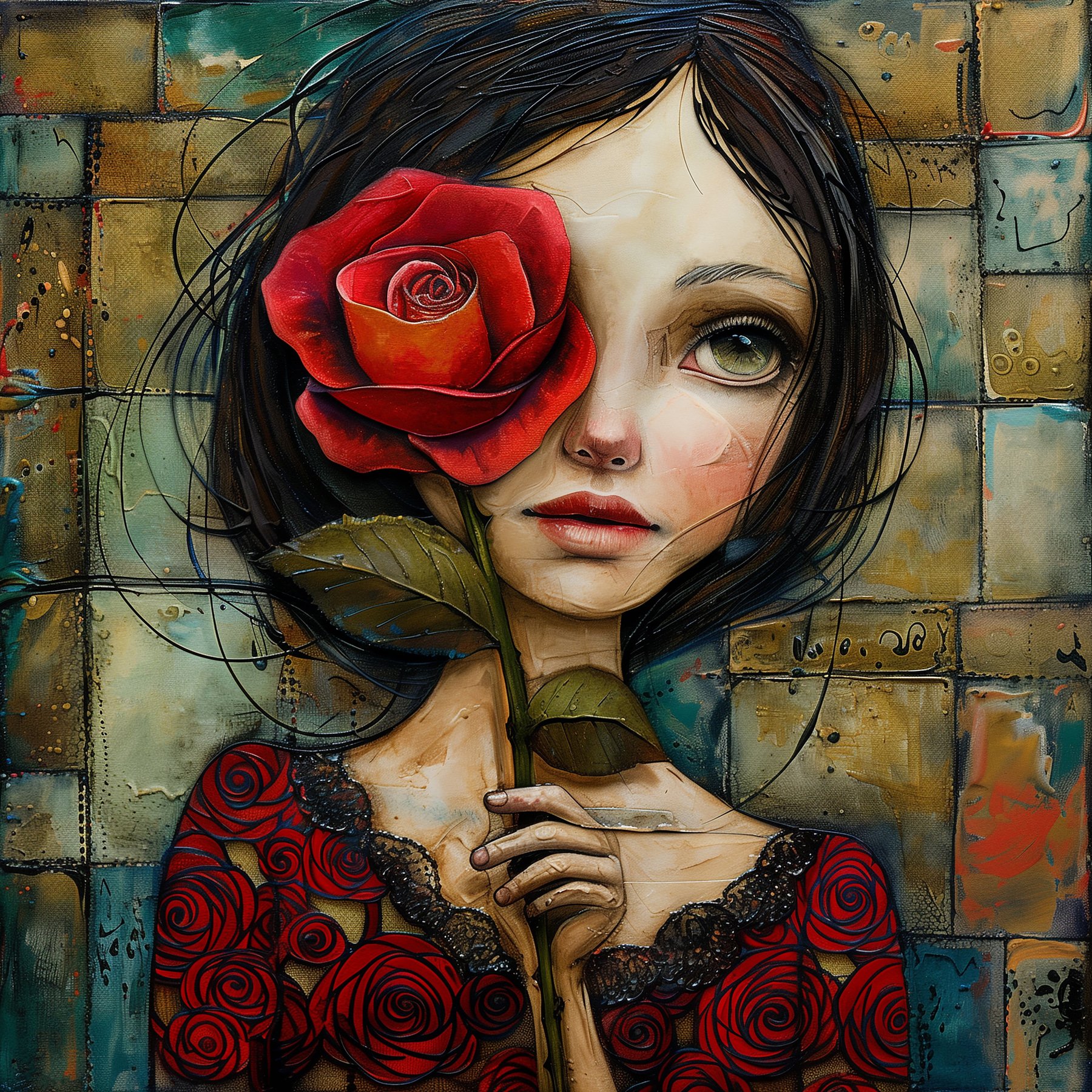 Painting of a girl holding a rose Painting of a girl holding a rose