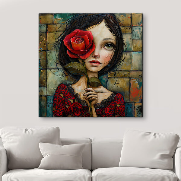 Quadri Dipinto raffigurante una ragazza con una rosa in mano (COD: s40895) Quadri Quadri Dipinto raffigurante una ragazza con una rosa in mano (COD: s40895)
