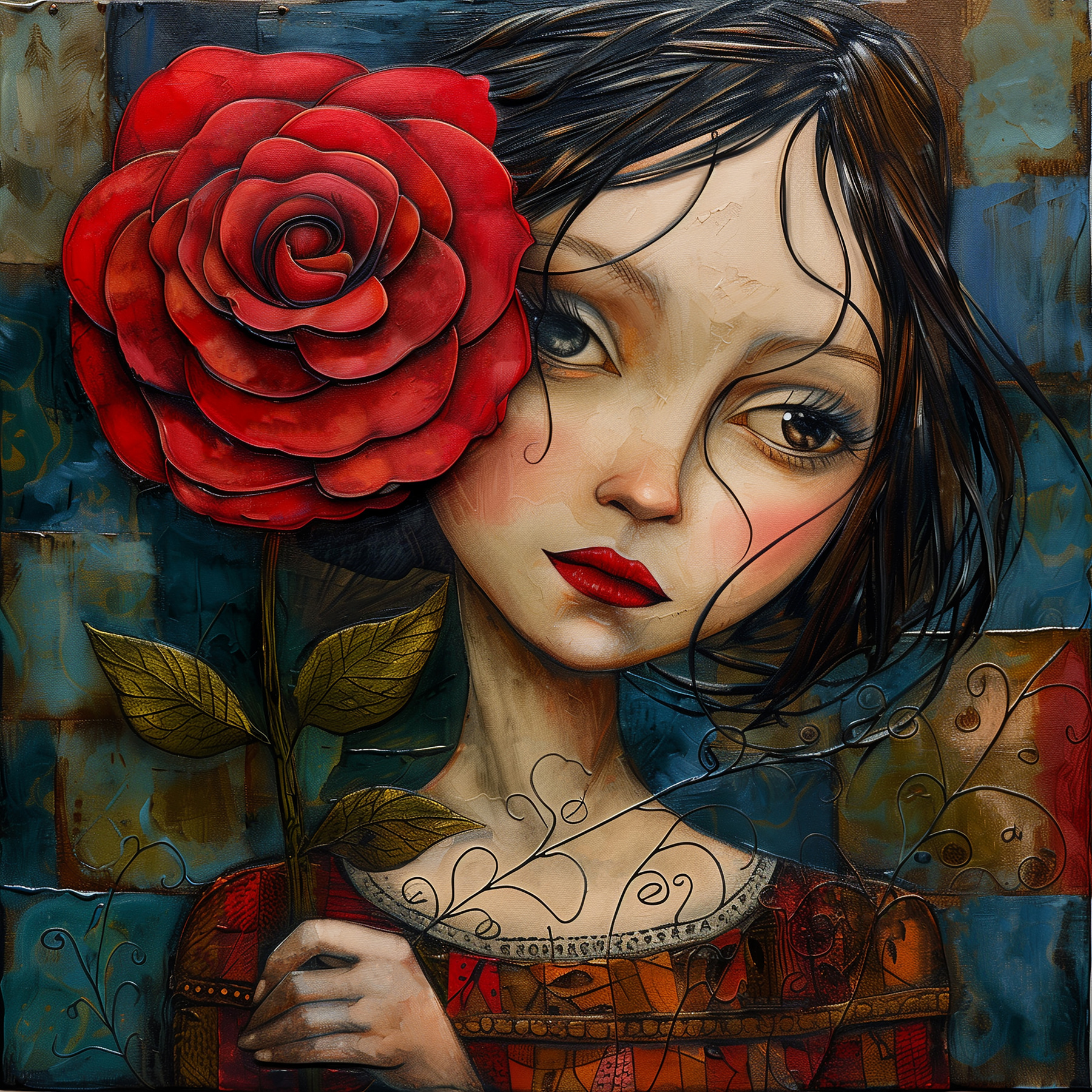 Painting of a girl holding a rose Painting of a girl holding a rose