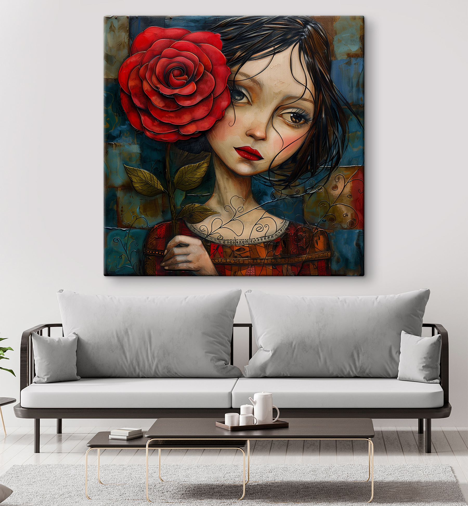 Painting of a girl holding a rose Painting of a girl holding a rose