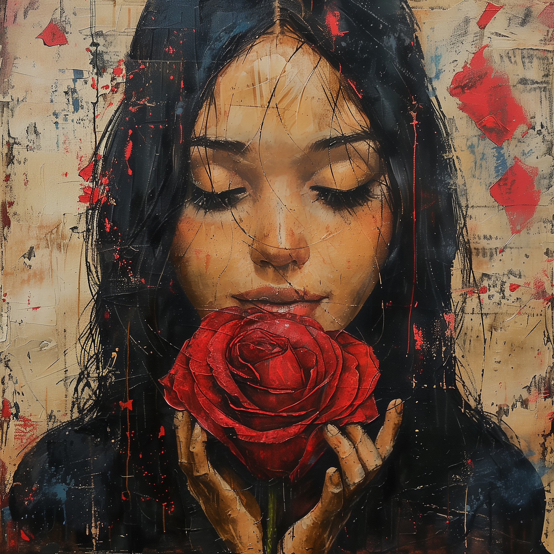 Painting of a woman holding a red rose Painting of a woman holding a red rose