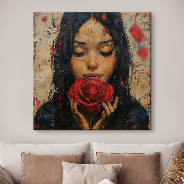 Quadri Dipinto raffigurante una donna con una rosa rossa in mano (COD: s40898) Quadri Quadri Dipinto raffigurante una donna con una rosa rossa in mano (COD: s40898)