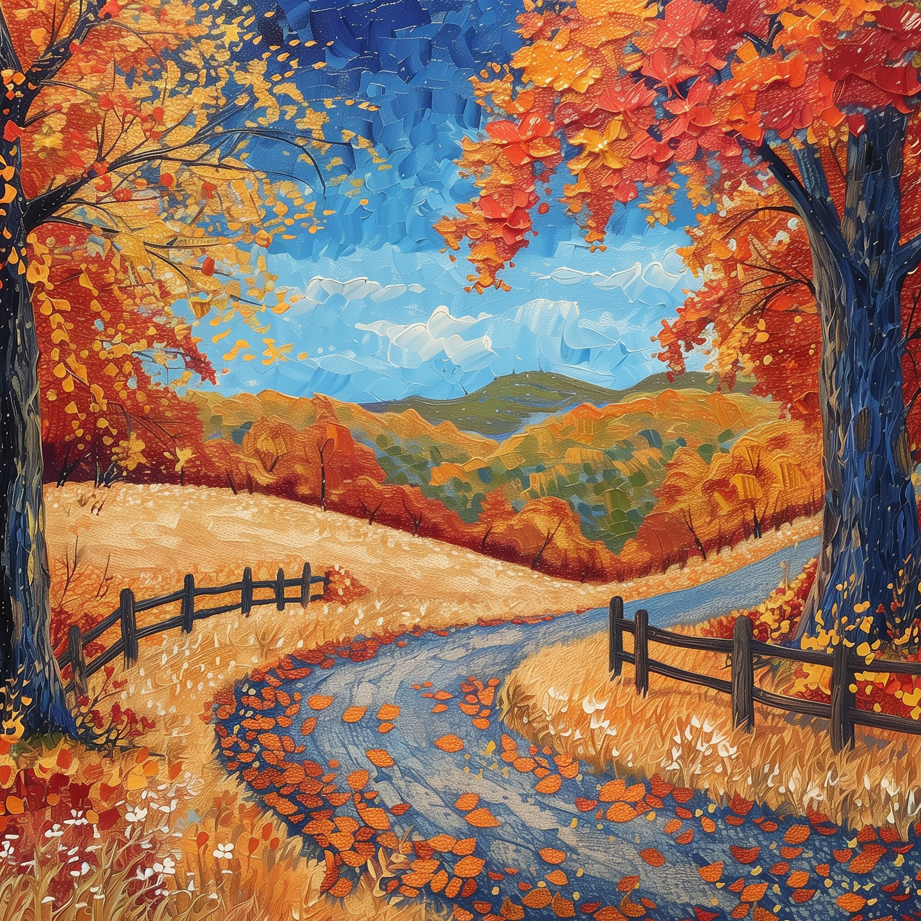 Painting of a road with trees and a fence Painting of a road with trees and a fence