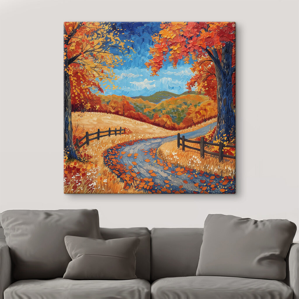 Painting of a road with trees and a fence Painting of a road with trees and a fence