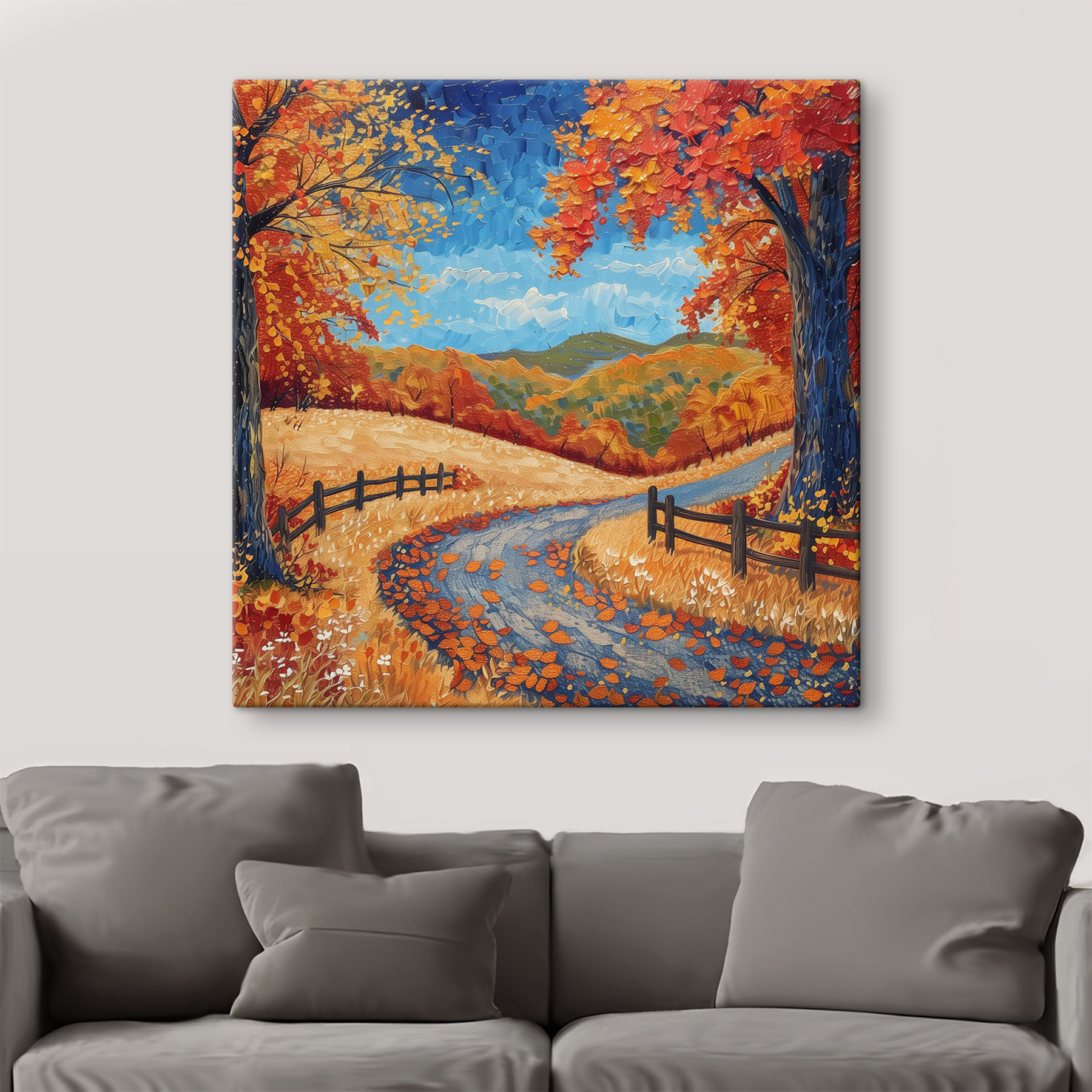 Painting of a road with trees and a fence Painting of a road with trees and a fence