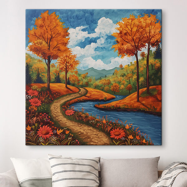 Painting of a river running through a forest Painting of a river running through a forest