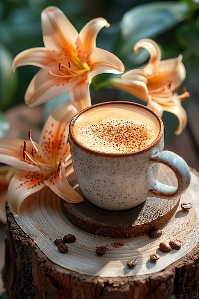 Coffee cup with a foamy foam on top of a wood stump with flowers