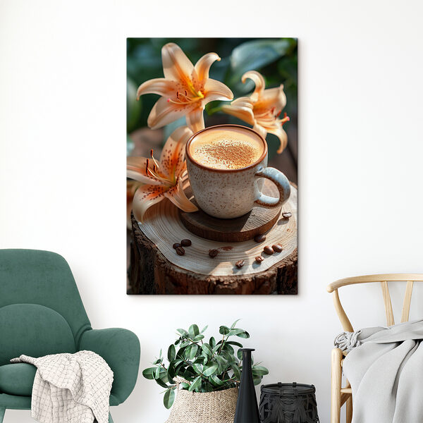 Quadri Quadri Tazza di caffè con schiuma sulla superficie, appoggiata su un ceppo di legno con dei fiori (COD: s40906)