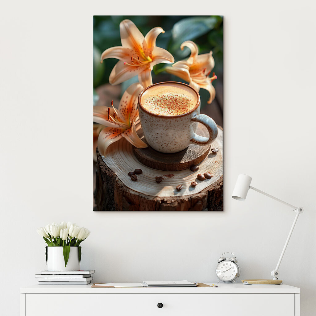 Coffee cup with a foamy foam on top of a wood stump with flowers