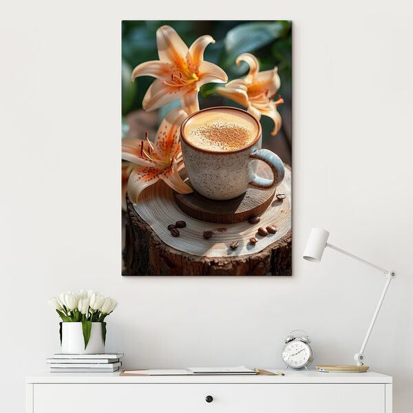 Coffee cup with a foamy foam on top of a wood stump with flowers
