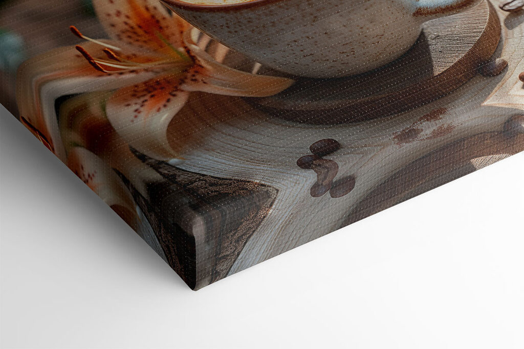 Coffee cup with a foamy foam on top of a wood stump with flowers