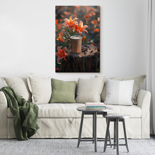 Quadri Quadri Una tazza di caffè su un ceppo con fiori d'arancio (COD: s40907)