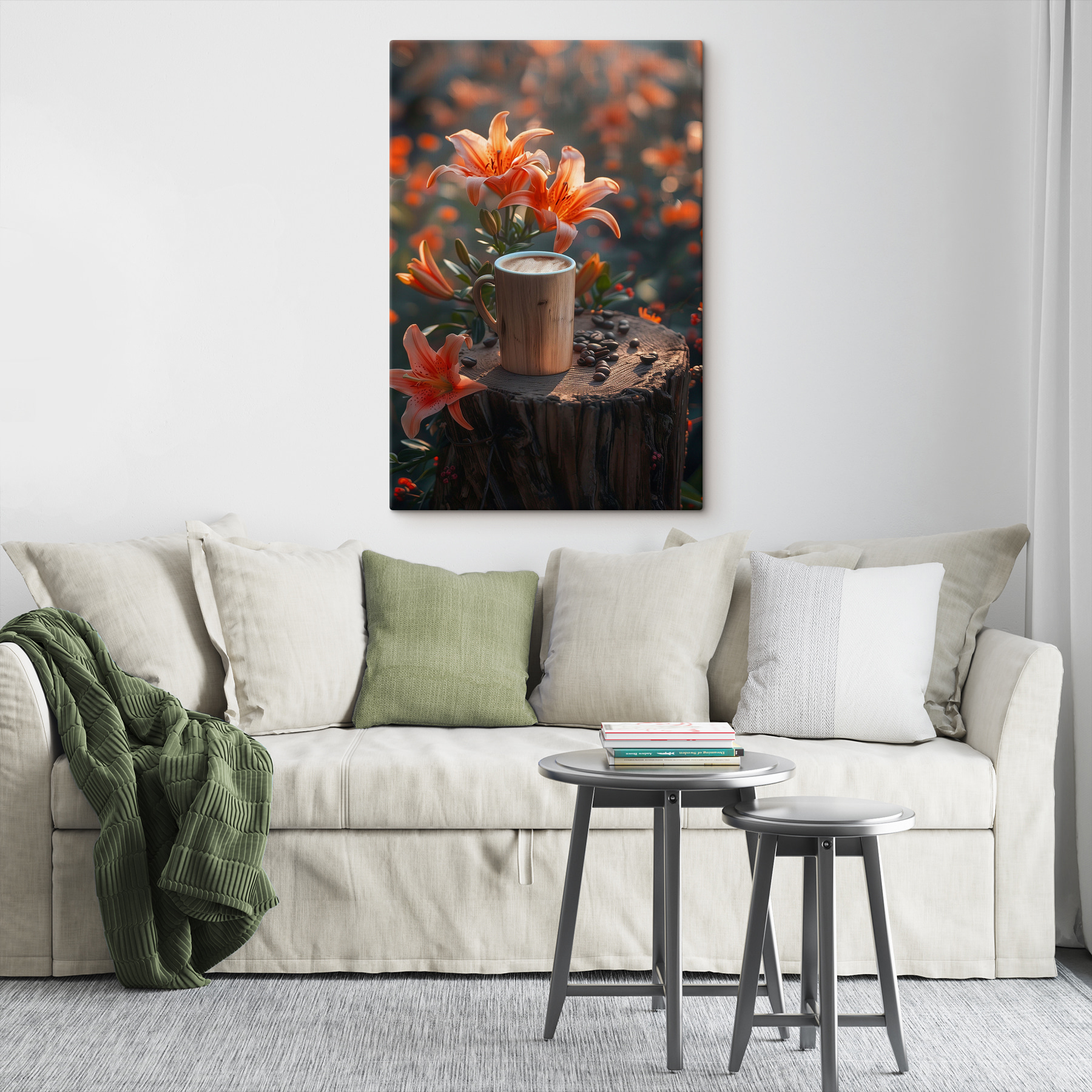 Cup of coffee on a stump with orange flowers