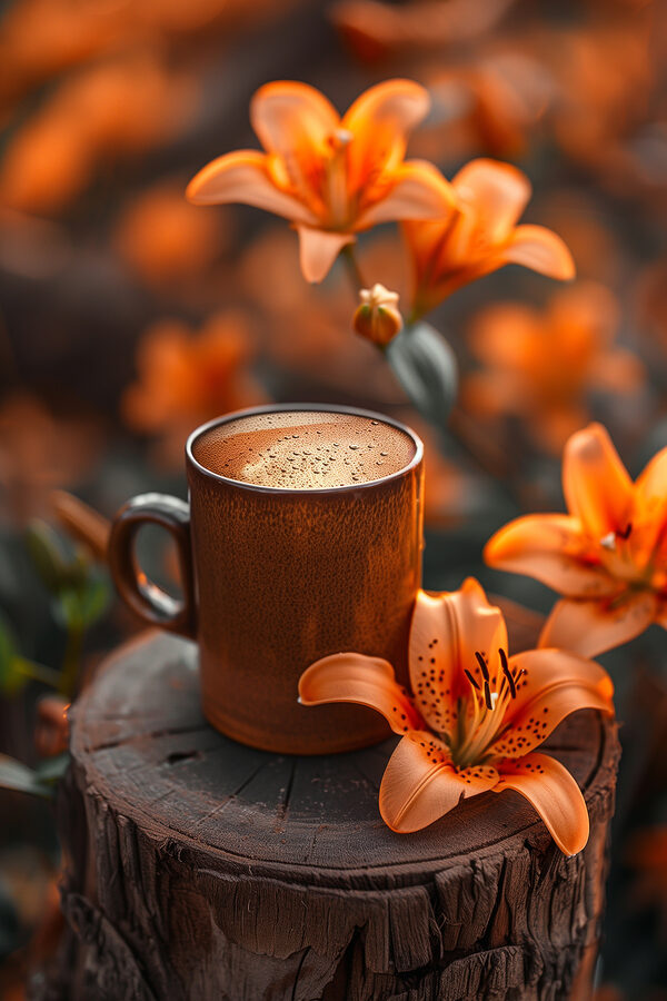 Coffee cup and orange flowers