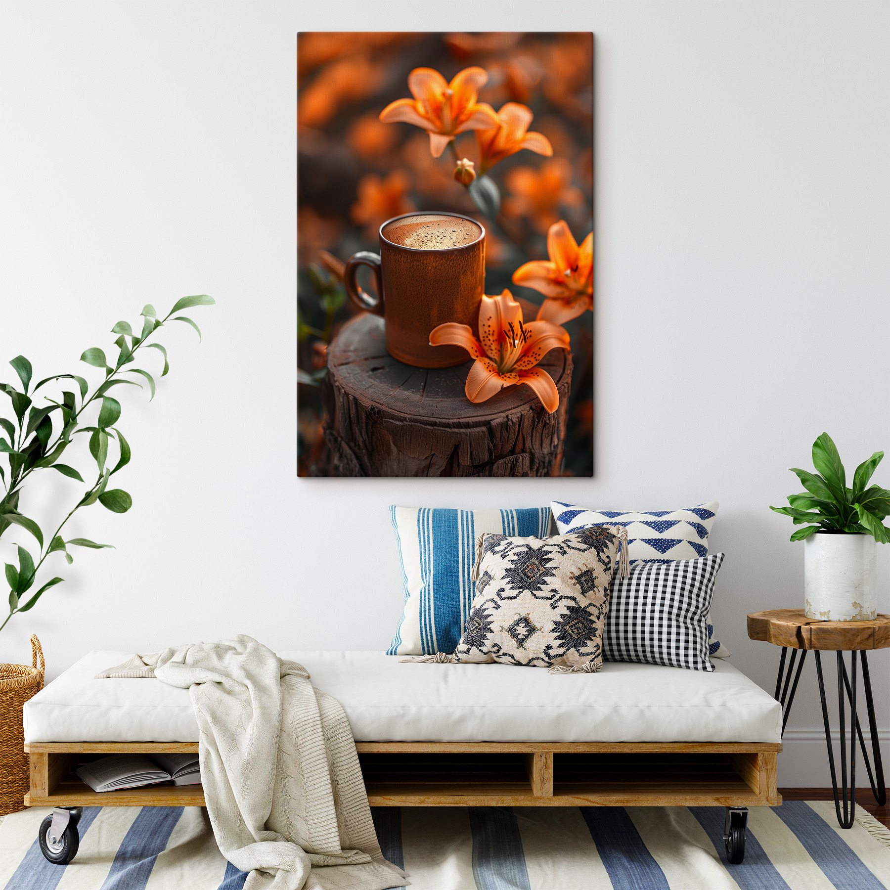 Coffee cup and orange flowers