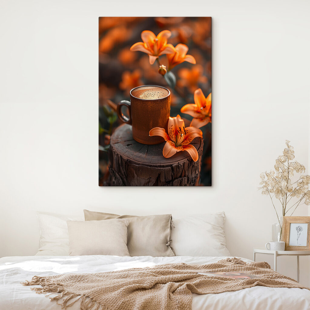 Coffee cup and orange flowers