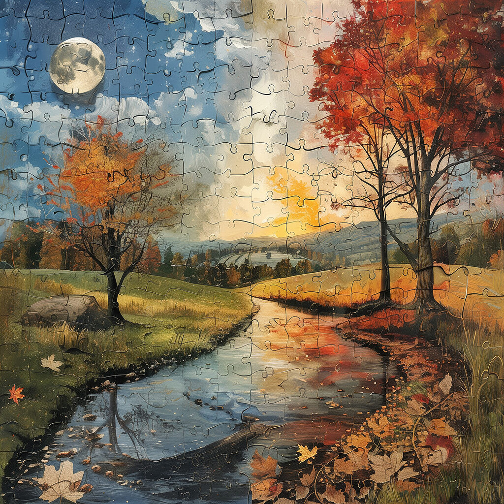 Puzzle of a river with trees and a moon Puzzle of a river with trees and a moon