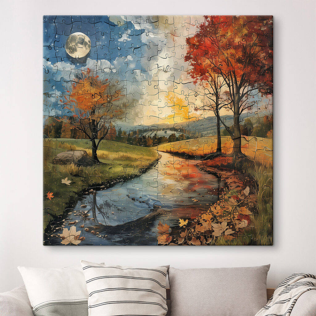 Puzzle of a river with trees and a moon Puzzle of a river with trees and a moon