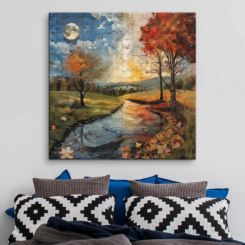 Puzzle of a river with trees and a moon Puzzle of a river with trees and a moon