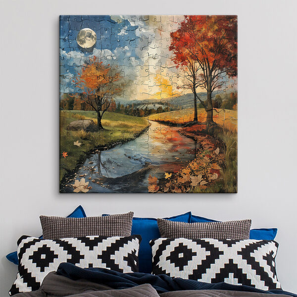 Puzzle of a river with trees and a moon Puzzle of a river with trees and a moon