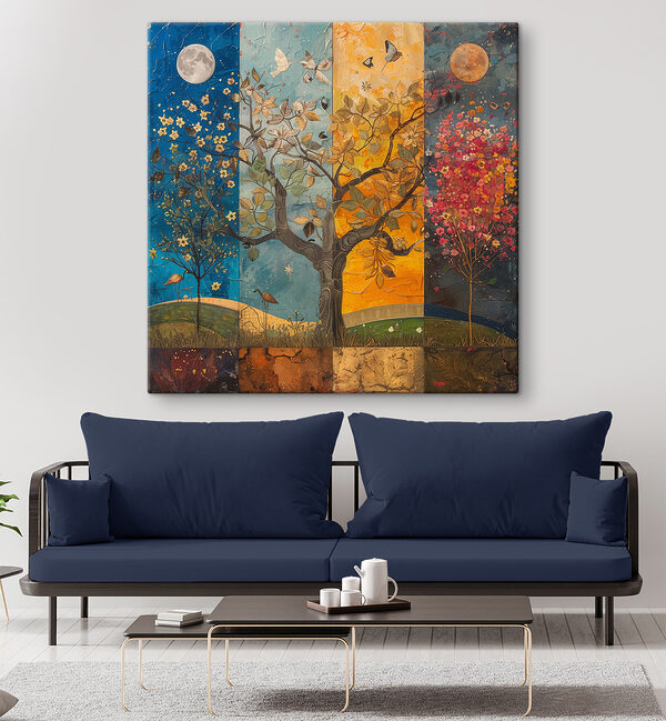 Quadri Dipinto raffigurante un albero con alberi e uccelli di diversi colori