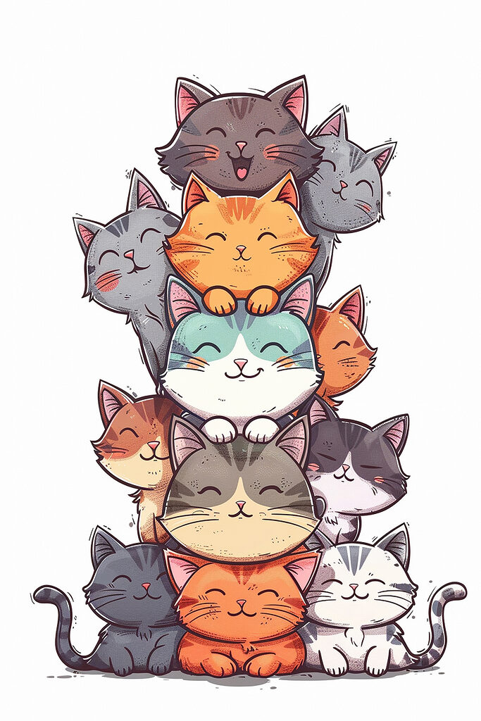 Stack of cats with their heads stacked on each other