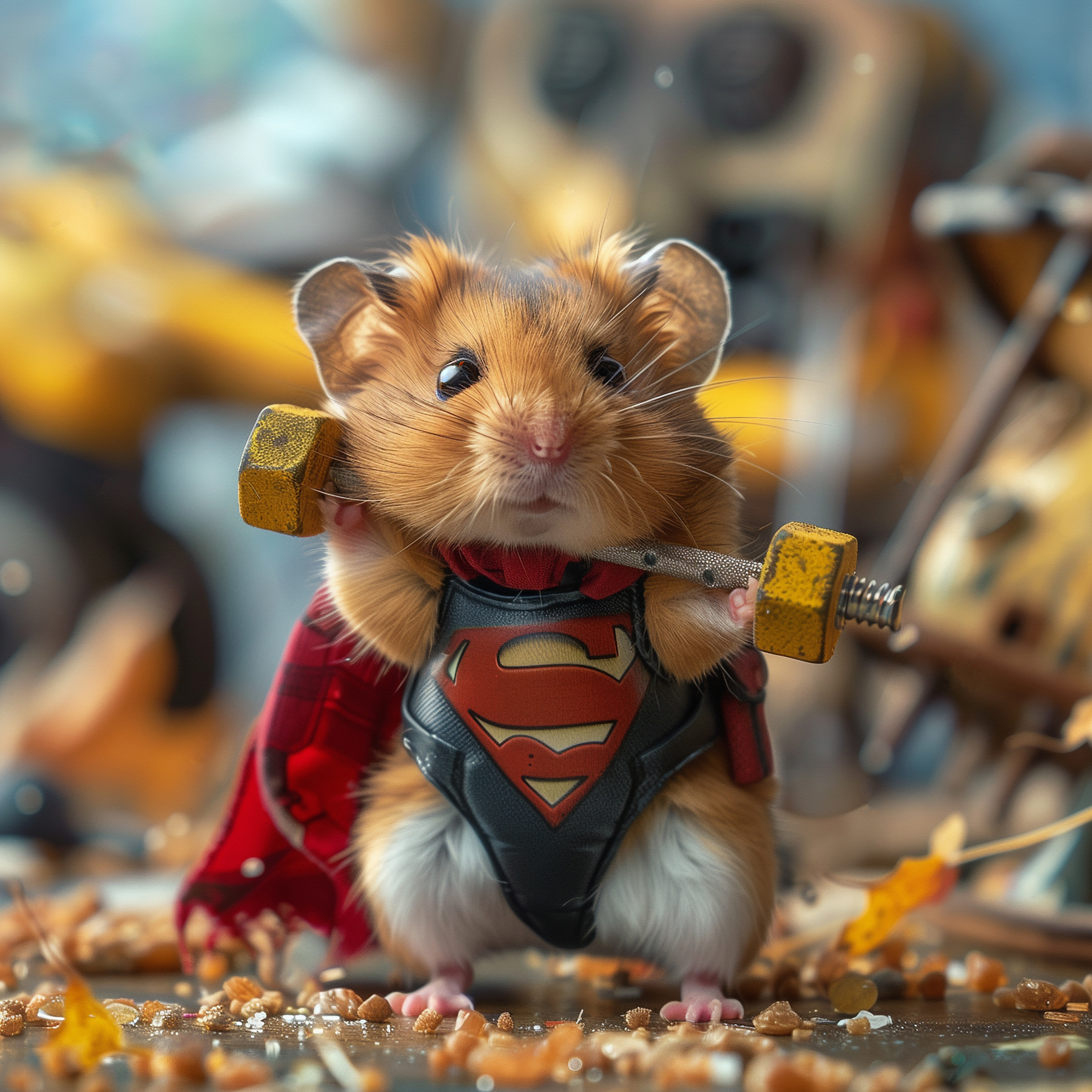 Hamster wearing a superhero garment holding a barbell Hamster wearing a superhero garment holding a barbell