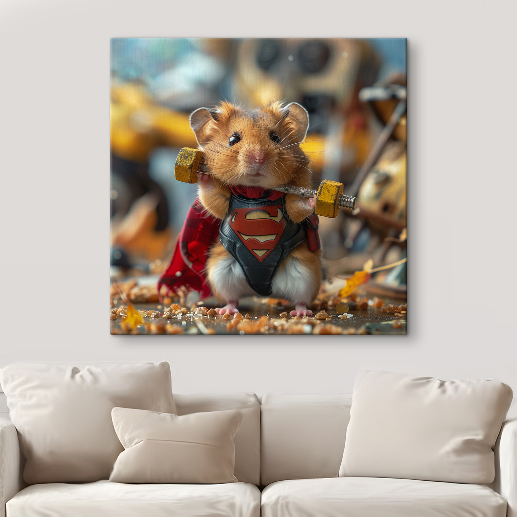 Hamster wearing a superhero garment holding a barbell Hamster wearing a superhero garment holding a barbell