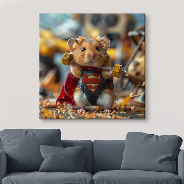 Hamster wearing a superhero garment holding a barbell Hamster wearing a superhero garment holding a barbell
