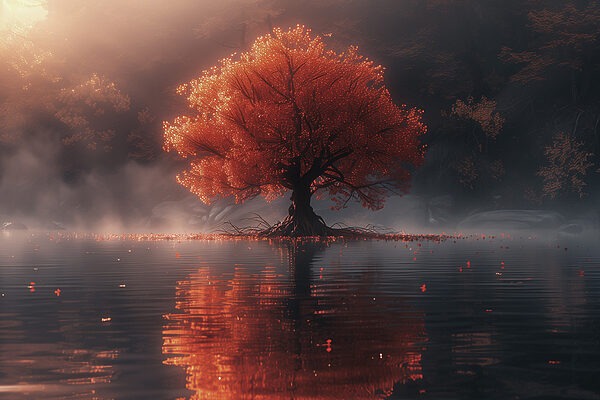 Tree with orange leaves on it in a lake