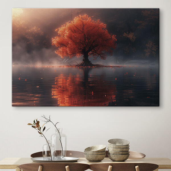 Tree with orange leaves on it in a lake