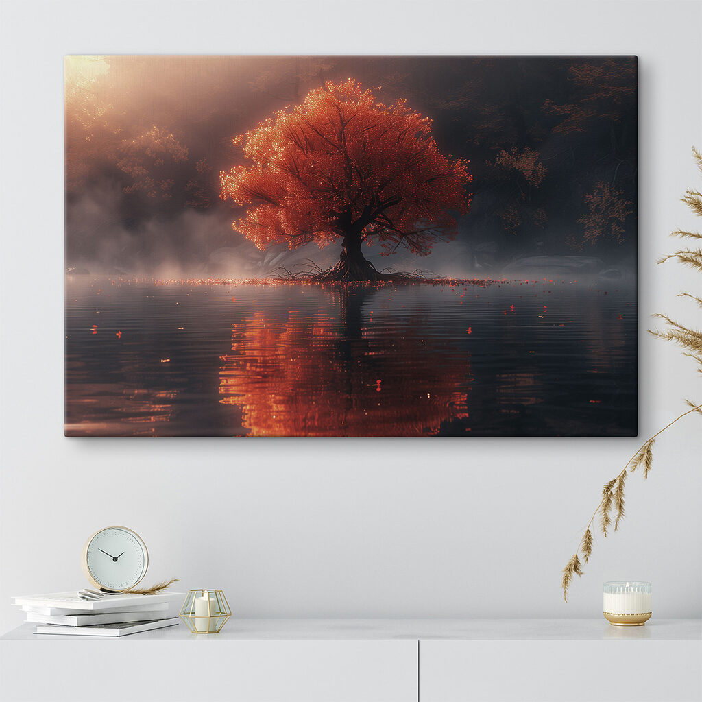 Tree with orange leaves on it in a lake