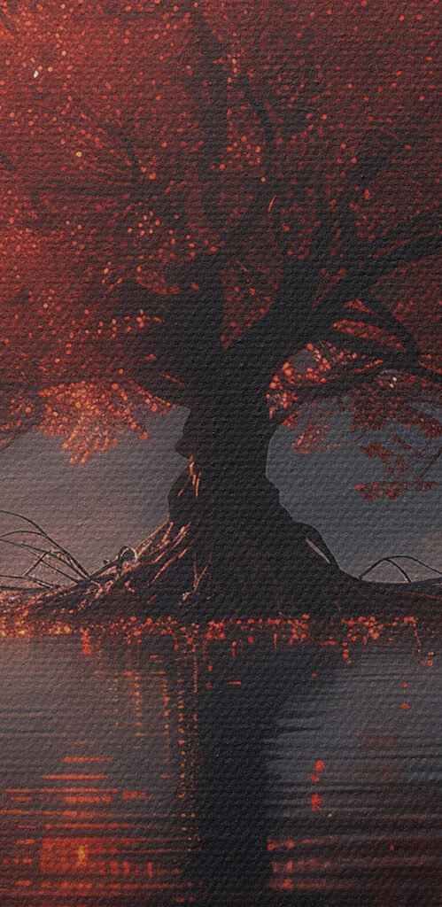 Tree with orange leaves on it in a lake