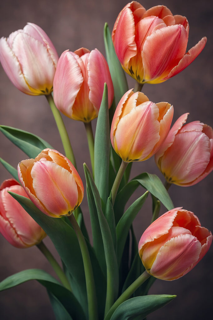 Group of pink and yellow tulips