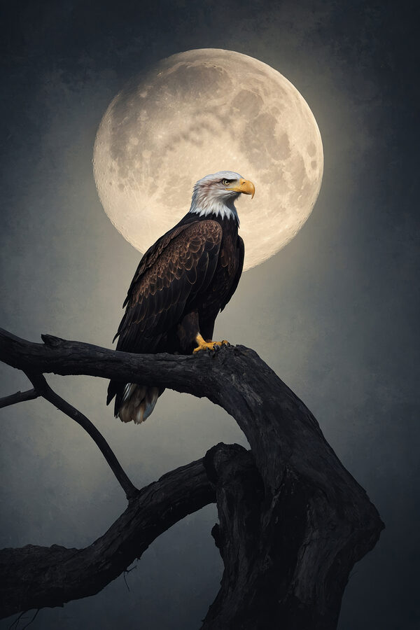 Bald eagle on a branch with a full moon in the background Bald eagle on a branch with a full moon in the background