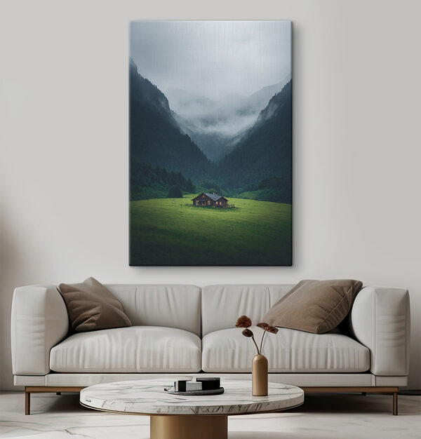 House in a field with mountains in the background House in a field with mountains in the background
