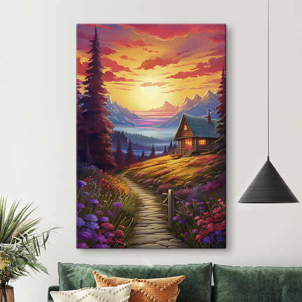 Quadri Quadri Casa su una collina con fiori e montagne sullo sfondo (COD: s40940)