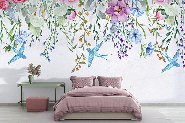 Bordo floreale con fiori e uccelli Bordo floreale con fiori e uccelli