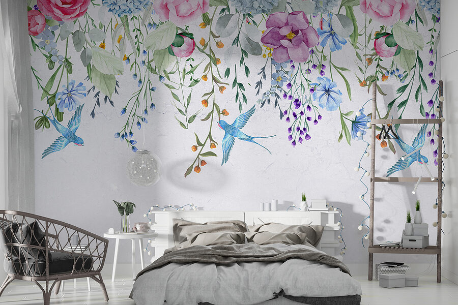 Carta da parati Bordo floreale con fiori e uccelli - immagine 2