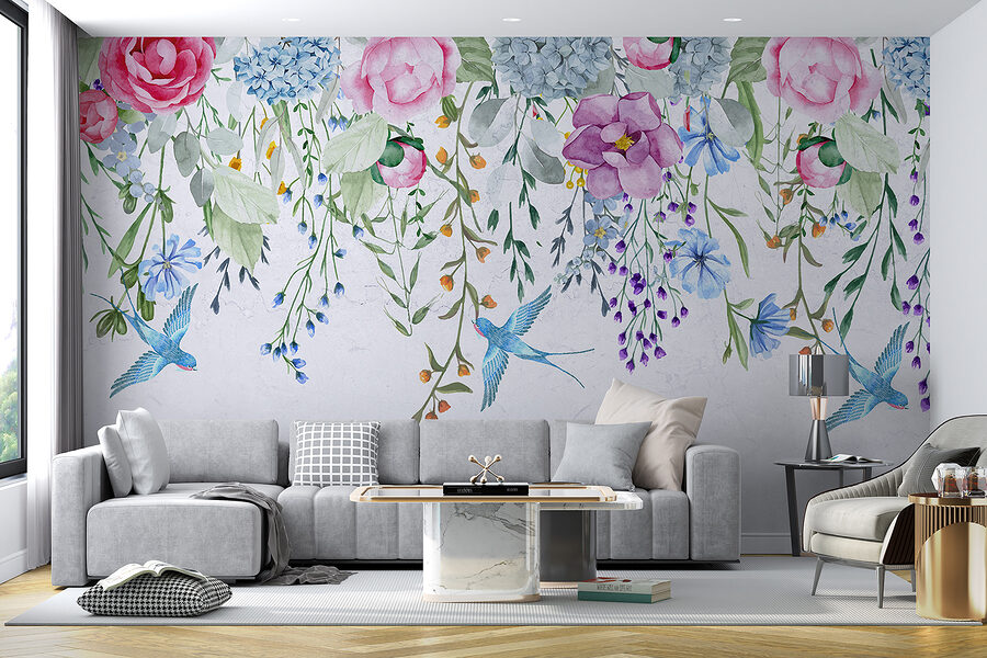 Carta da parati Bordo floreale con fiori e uccelli - immagine 4